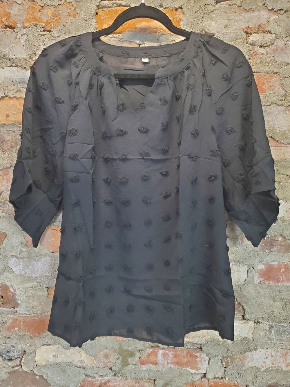 Womens Black Blouse S Pom Pom Dot Textured 3/4 Sleeve Ruffle Neck Polyester